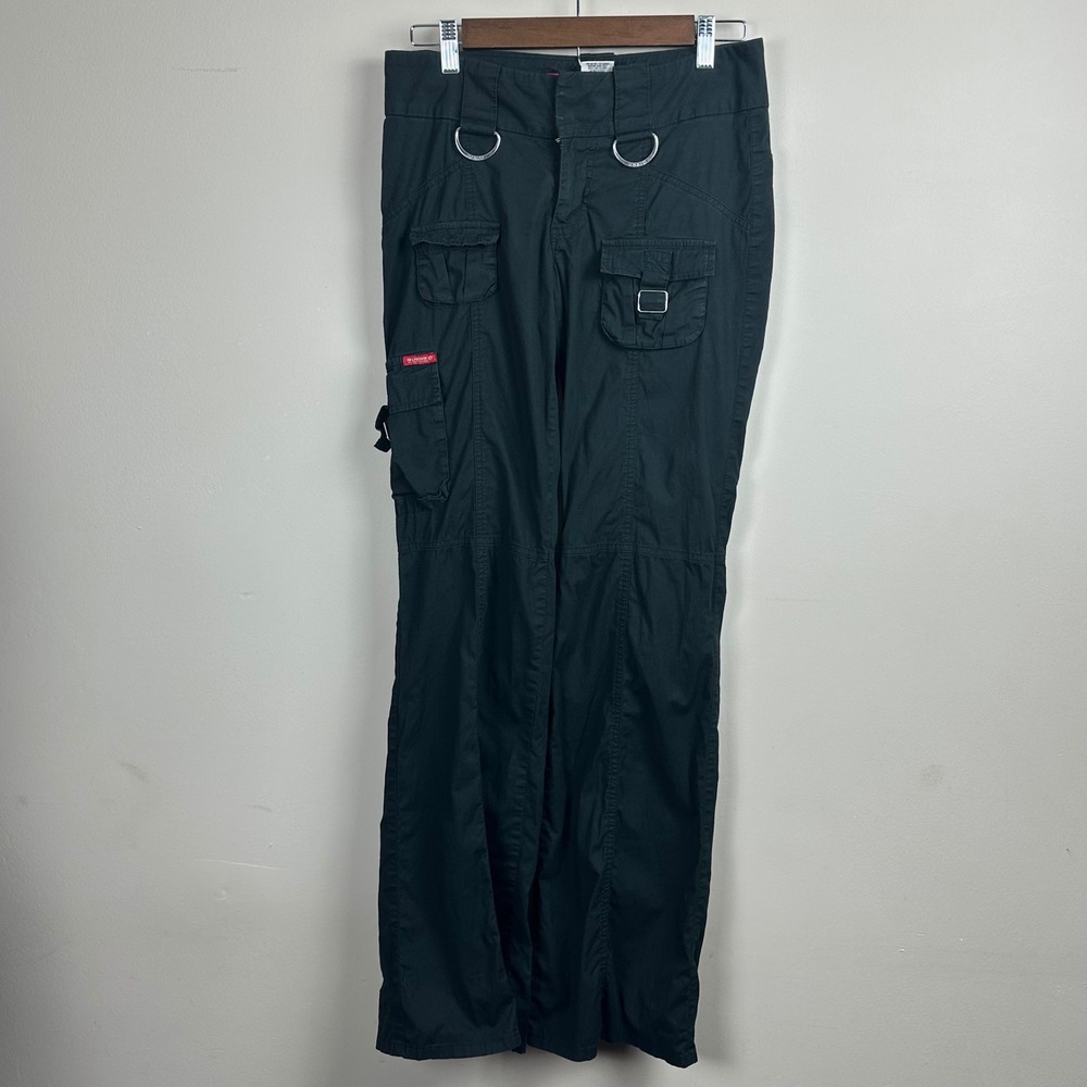 Vintage GUESS Jeans Y2K Cargo Pants 26 Black Low Rise D Ring Buckle Flare